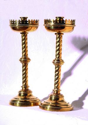 Brass candlesticks and alms dish. © D.Chiverrell